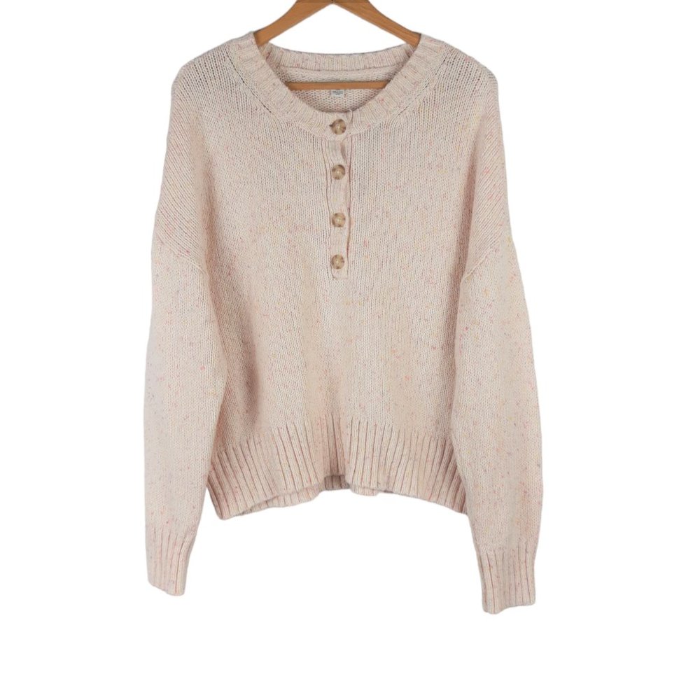 American Eagle AEO Confetti Knit Henley Sweater Pink Button Pullover Siz…